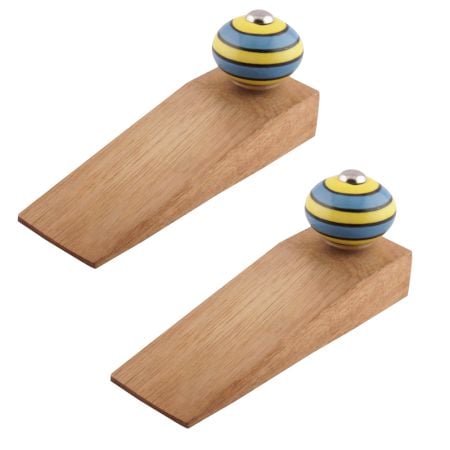 2 Pieces Turquoise And Yellow Striped Ceramic Floral Door Stoppers
